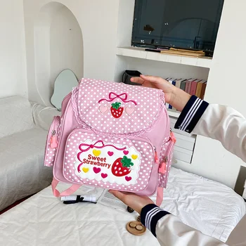 Детская школьная сумка с вышивкой розовой девочки и клубникой, подарок на день рождения для студенток 2023, Новый детский рюкзак с японским мультфильмом