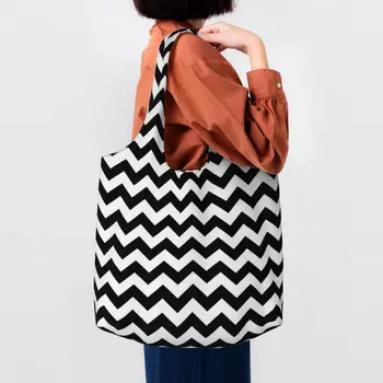 Черно-белая Холщовая сумка для покупок с зигзагом, Женская Большая вместительная сумка для продуктов, Богемная Современная геометрическая сумка для покупок, сумки, подарки