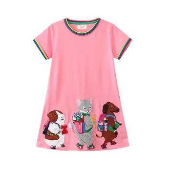 Летняя повседневная одежда для маленьких девочек 2023 года, розовое платье с милыми животными, мягкие и комфортные хлопковые платья для детей 2-7 лет