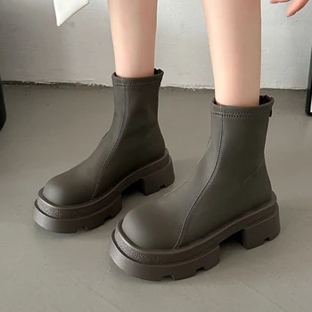 Женская обувь 2023 года; Высококачественные Зимние Женские ботинки до середины икры; Однотонные Водонепроницаемые ботинки на молнии с круглым носком и среднем каблуке ; Женская обувь