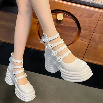Женская обувь на платформе, новинка лета 2023, Белые женские туфли Mary Jane на толстом каблуке с круглым носком, простые босоножки на высоком каблуке