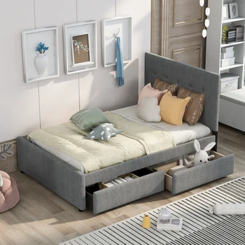 Кровать-платформа с полностью льняной обивкой, изголовьем и двумя выдвижными ящиками, простая в сборке, для мебели для спальни в помещении