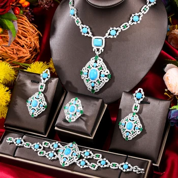 GODKI Новая Мода Бирюзовый ОАЭ Дубай Свадебный Комплект Ювелирных Изделий Для Женщин Свадебная Вечеринка Нигерийское Африканское Ожерелье Серьги Набор