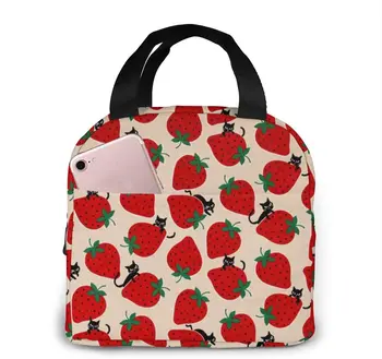 Черный Кот на красной клубничной сумке для ланча для женщин Девочек и детей, Изолированная сумка для пикника, Термосумка для приготовления Бенто, милая сумка для ланча, коробка для кемпинга