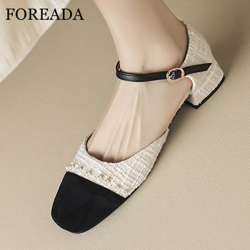 FOREADA/ Женские туфли-лодочки из двух частей с квадратным носком, на толстом низком каблуке, с пряжкой и бусинами, разноцветная женская модная обувь, весна-осень, Абрикосовый 43-й цвет.