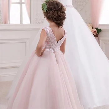 Розовое тюлевое кружевное платье в цветочек для девочек С аппликацией, Свадебное Элегантное платье принцессы для Первой Евхаристии, платье для вечеринки по случаю дня рождения, Индивидуальный подарок