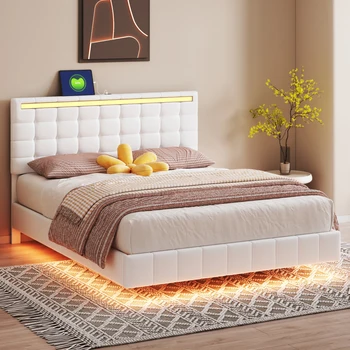 Плавающий каркас кровати со светодиодной подсветкой и USB-зарядкой, современная обитая платформа, каркас кровати со светодиодной подсветкой, бежевый, размер Queen-Size