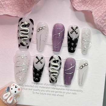 Накладные ногти ручной работы с клеем Ретро металл y2k spice girl senior белая змея панк Дизайн Акриловое полное покрытие типсов для ногтей для девочек