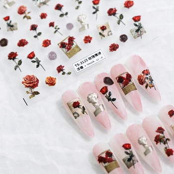 Ретро Красная Роза Скульптура Романтический Винтажный Штамп Цветок 5D Мягкий Рельефный Рельефный Самоклеящийся Стикер Для Дизайна Ногтей 3D Наклейка Для Маникюра