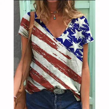 Летняя новинка 2023 года, женская повседневная футболка с цифровым принтом в честь Дня независимости США с V-образным вырезом и 3D-принтом большого размера