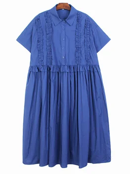 Женское синее платье-рубашка с плиссированными оборками большого размера, Новый отворот, Короткий рукав, свободный крой, мода Tide Весна-лето M942