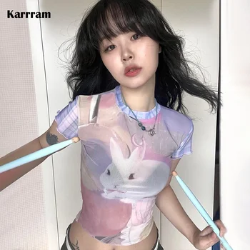 Укороченный топ Y2k Aesthetics, Корейская модная дизайнерская одежда, футболка с принтом кролика 2000-х, сетчатые топы в стиле гранж Fairycore, E-girls