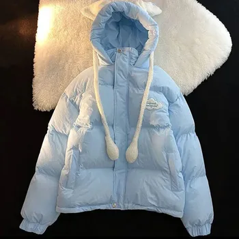 Хлопковое пальто с заячьими ушками, женская куртка 2023, зимняя свободная парка, новая студенческая одежда с капюшоном.