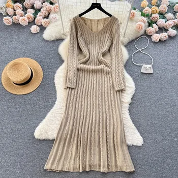 Осенне-зимнее вязаное платье с V-образным вырезом во французском стиле в стиле ретро, женская эластичная облегающая юбка средней длины с низом
