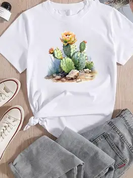Тренд на цветок кактуса, женские футболки, модная повседневная футболка с принтом, футболка с коротким рукавом и графическим рисунком