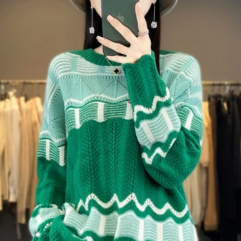 Осенне-зимняя женская новая одежда из 100% шерсти, вязаный пуловер с круглым вырезом, контрастный жаккардовый вырез, мягкая блузка на ощупь.