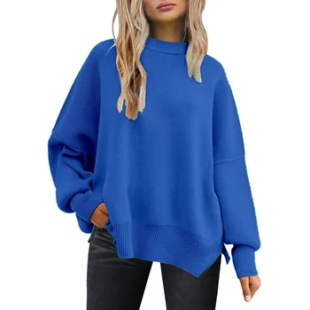 Женский однотонный модный повседневный свободный вязаный пуловер с разрезом вокруг шеи, свитер