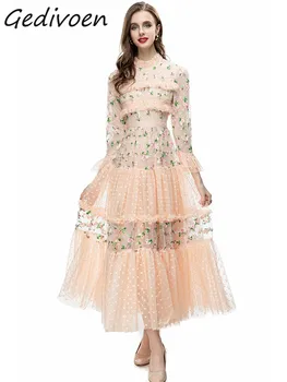 Gedivoen, летнее модное дизайнерское винтажное сетчатое платье, женский воротник с оборками, рукав три четверти, Кружевная вышивка, Длинное платье с оборками.