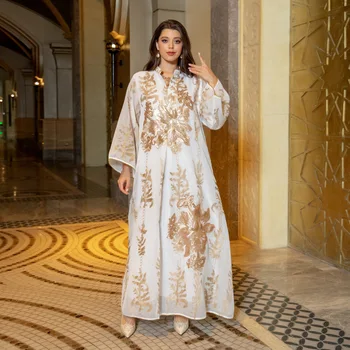 Женское платье Абайя, расшитое блестками, Марокканский кафтан, Турция, арабская Халабия, Белый Мусульманский Исламский этнический халат 2023 Eid New