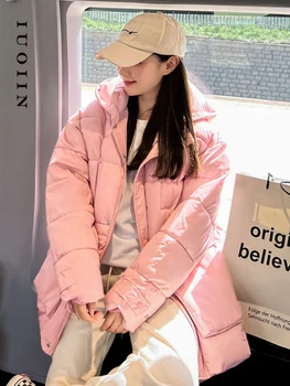 IUOIIN Розовые зимние куртки для женщин, пальто 2023, Зимняя базовая однотонная куртка с капюшоном, простое классическое пальто с удобными карманами и молниями