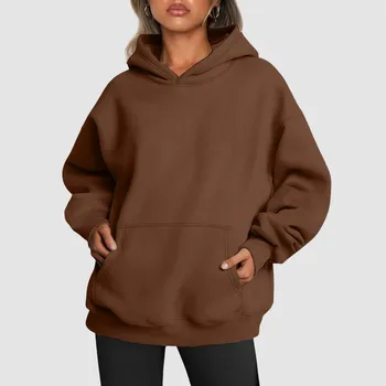 Женские толстовки Оверсайз, пуловеры, толстовки, свитера из искусственного короткого бархата, длинный рукав с карманами, одежда для зимы и осени