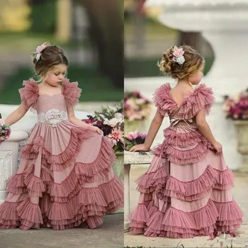 Платье для девочки в цветочек, Розовая Газовая кружевная многослойная аппликация, свадебные платья принцессы с цветами для детского Причастия, бальные платья для вечеринок, подарок для детей Мечты