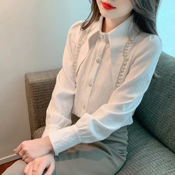 Офисная женская блузка, шикарная однобортная рубашка в корейском стиле, расшитая жемчужным бисером