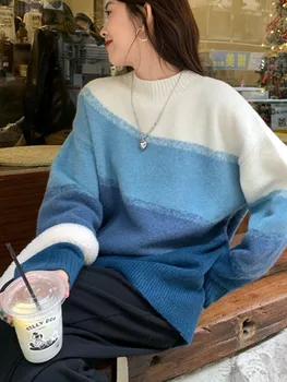 Женские Градиентные пуловеры, Свитера, Вязаный джемпер в японском ленивом стиле, Свободный свитер с капюшоном, Осенние топы с длинными рукавами