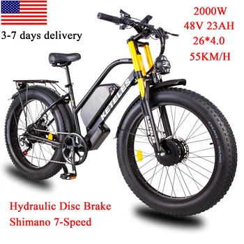 Двухмоторный Электровелосипед XF4000, 2000W E Bike, 48V, Большая батарея емкостью 23AH, Гидравлический Дисковый Тормоз, Shimano 7 Скоростей, Шина 26x4.0