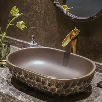 Антикварные бытовые раковины для ванной комнаты Керамические художественные раковины для ванной комнаты Расписной умывальник Большой таз на платформе Раковины для мытья