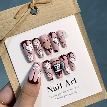 Emmabeauty ручной печати на ногтях с кроваво-красными губами в сладко-пряном стиле, розовый милый ноготь в форме сердца на осень-зиму.№ 3401