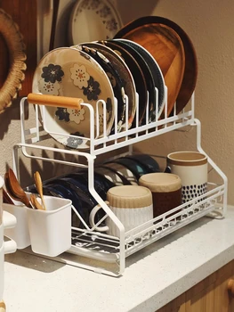 Посуда для хранения из кованого железа в японском стиле, сливная полка, двойная кухонная посуда, тарелки, стеллажи для столовых приборов