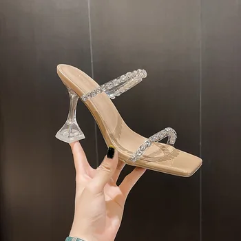 Прозрачные женские летние туфли на высоком каблуке, новые модные тапочки на тонком каблуке, сандалии с водяными бриллиантами снаружи, S-A57