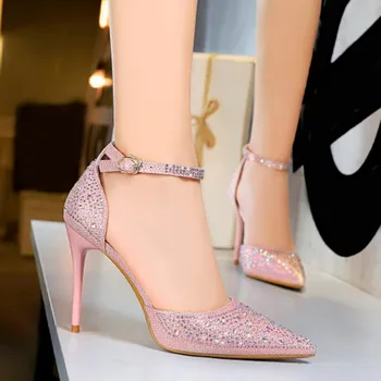 Женские блестящие туфли-лодочки с кристаллами, вечерние свадебные туфли с острым носком на тонком высоком каблуке 10 см, ремешок с пряжкой на щиколотке, сексуальные Элегантные женские туфли на шпильке