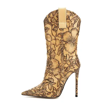 Arden Furtado / 2023, Весенне-осенние короткие ботинки, элегантные кожаные модные ботинки без застежки на шпильке с острым носком и принтом