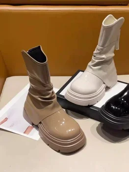 Сапоги; Женская обувь с круглым носком; Осенние Ботинки; Женские ботильоны в стиле Мед Рок; Коллекция 2023 года; Резиновые женские ботинки без застежки в стиле 