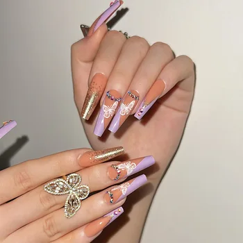 Фиолетовая французская белая бабочка, стразы, носимые длинные балетные накладные ногти, полное покрытие Готовых накладных ногтей, нанесите на ноготь клей