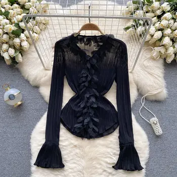 Сексуальная женская блузка с оборками, шикарная Весенне-осенняя Элегантная Открытая V-образная горловина, длинные расклешенные облегающие однобортные Белые Черные топы