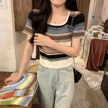 Летняя новая женская футболка с квадратным вырезом в корейском стиле контрастного цвета в полоску с коротким рукавом