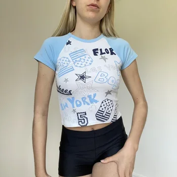 Цифровая Милая мода Со Стразами Kawaii Y2K Fairy Эстетический Дизайн Сращивания Slim Fit С коротким рукавом Женская футболка