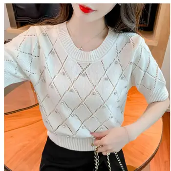 Лето 2023, Новая Корейская мода, Полый Женский пуловер из шерстяного трикотажа с коротким рукавом