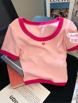 Розовая футболка с коротким рукавом Контрастного цвета, Милая базовая рубашка с принтом в стиле пэчворк, женский короткий топ, Тонкий Y2K, Корейская мода, Лето 2023 г.