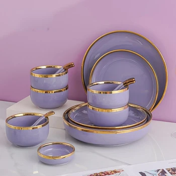Фиолетовые фарфоровые тарелки, твердые обеденные тарелки, салатница для супа, керамическая тарелка для десертного торта, набор посуды для ужина класса люкс.