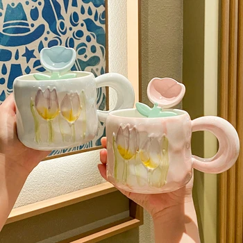 Кружка-тюльпан с ручкой, керамический креативный набор посуды для напитков в стиле Ins, подарки для активного отдыха, кофейная чашка для завтрака в домашнем офисе