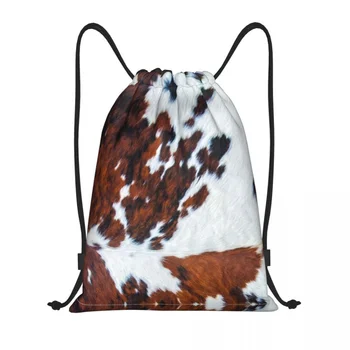 Деревенская кожа из искусственного меха коровы, кожаная сумка на шнурке для покупок, рюкзаки для йоги, женские Мужские рюкзаки из воловьей кожи с текстурой животного, Спортивная сумка для спортзала