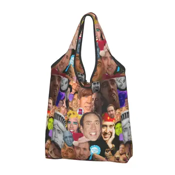 Многоразовая продуктовая сумка с забавным коллажем в виде лица Николаса Кейджа, складные моющиеся сумки для покупок, Очень Большая складная сумка для хранения, легкая