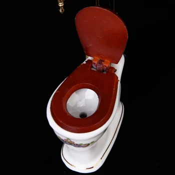 Ванная комната в винтажном викторианском стиле, фарфоровый туалет, кукольный домик, миниатюрный белый + золото