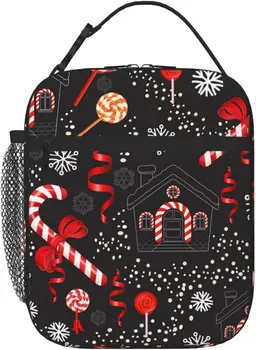 Ланч-бокс с боковым карманом, утепленная сумка для бенто, Рождественская сумка для ланча с принтом леденцов, Термосумка для работы, путешествий, пикника