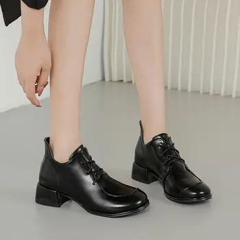 Весной и осенью 2022 года Новые универсальные туфли на высоком каблуке с круглым носком и толстым каблуком С глубоким вырезом, Черная рабочая обувь на шнуровке, женская обувь на шнуровке