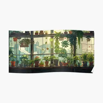 Комната Ghibli с растениями в окнах, иллюстративный плакат, Винтажная настенная картина, настенная роспись, современная комната, принт, домашнее украшение без рамки